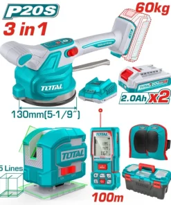 طقم كومبو 20فولت 3قطع 2بطارية 2امبير هزاز سيراميك ومتر ليزر 100متر وميزان ليزر 2خط توتال_TOSLI250606