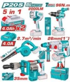 طقم كومبو 20فولت 5قطع 2بطارية 4امبير شنيور 96ن دقاق وهلتى توتال_TOSLI251083