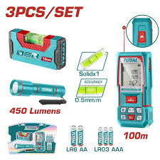 كومبو 3قطع ميزان مياة 10سم وكشاف 250ليومينز ومتر ليزر 100م توتال_TOS251003